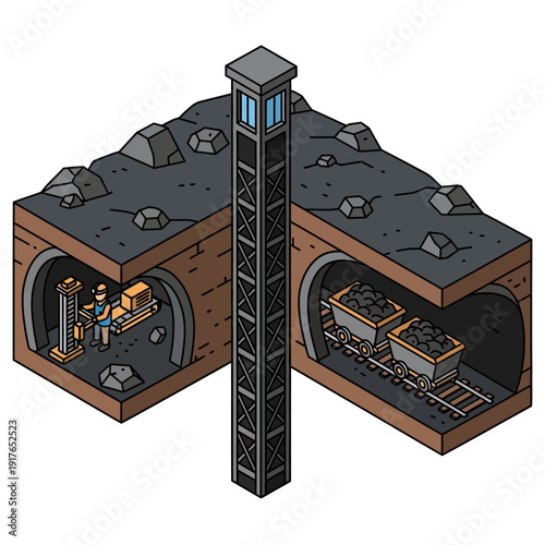 Underground Mine Shaft with Miners and Equipment.