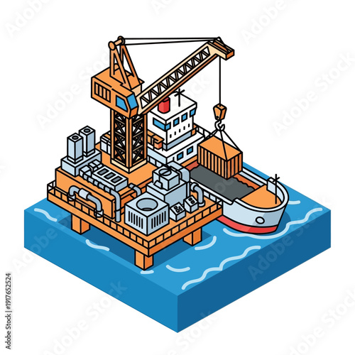 Isometric illustration of an offshore oil rig with a crane and supply ship.