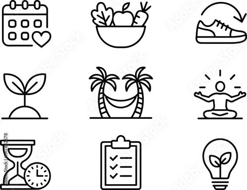 Healthy lifestyle line icons set featuring nutrition, fitness, mindfulness, productivity, habits tracking, wellness routine, self care outline illustration