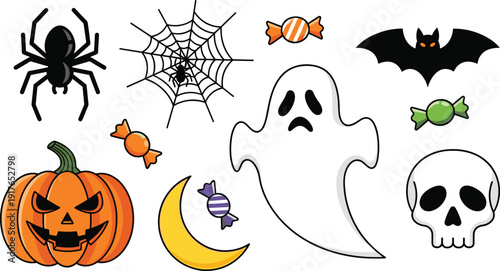 Halloween and spooky night elements set with jack o lantern, ghost, skull, spider web, bat and candies on white background.