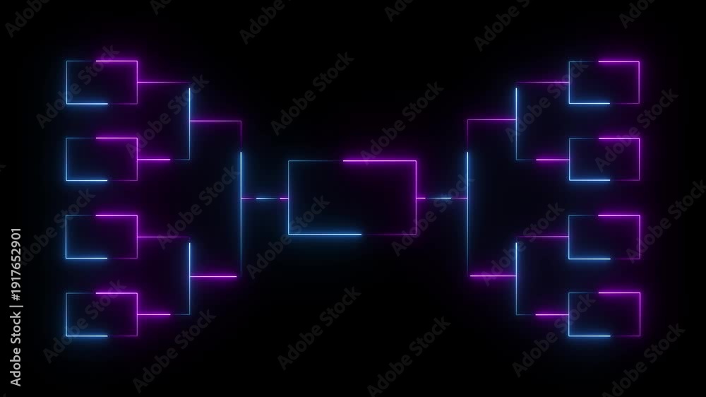 32-team tournament bracket championship. Animation of neon glowing team ...