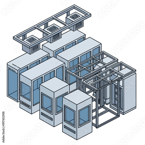 Isometric illustration of modular building structures with transparent blue windows and gray frames.