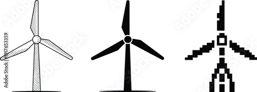 Wind turbine icon set, outline solid and pixel style windmill symbols, renewable energy vector illustration isolated on white