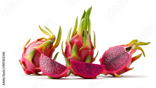 A vibrant display of fresh dragon fruit on a white background