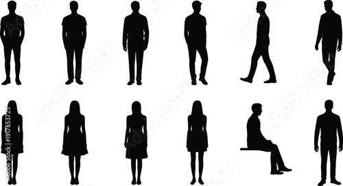 Human silhouette set showing men and women standing walking sitting poses isolated on white background vector illustration for stock design