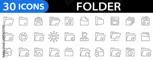 Folders 30 icon set. File catalog, secured file, search document, local network, setting, folder synchronization and more. Editable stroke. Vector illustration