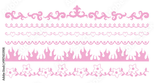 Vintage pixel lace borders with flowers, hearts, swirls and scalloped edges. Decorative embroidery frill and stitched ornaments. Crochet vector elements for card, poster, wedding invitation design