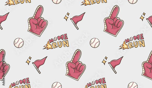 Baseball doodle background. Baseball equipment pattern background. Cute baseball seamless pattern for kids. Softball Sport hand drawn seamless pattern with flag, supporter glove, home run, ball.