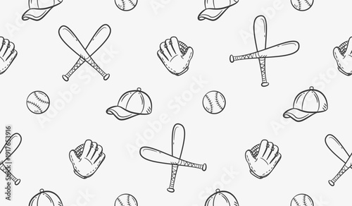 Baseball doodle background. Baseball equipment pattern background. Cute baseball seamless pattern for kids. Softball Sport hand drawn seamless pattern with bat, cap, ball and glove.