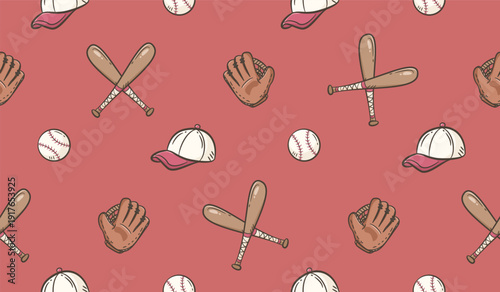 Baseball doodle background. Baseball equipment pattern background. Cute baseball seamless pattern for kids. Softball Sport hand drawn seamless pattern with bat, cap, ball and glove.