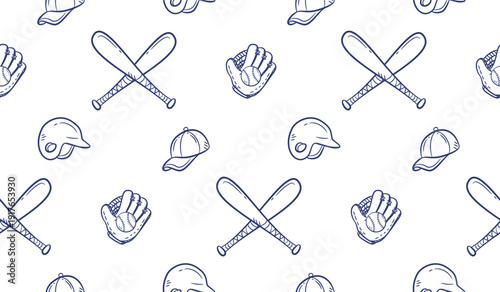 Baseball doodle background. Baseball equipment pattern background. Cute baseball seamless pattern for kids. Softball Sport hand drawn seamless pattern with bat, helmet, cap, glove, ball.