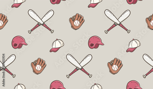 Baseball doodle background. Baseball equipment pattern background. Cute baseball seamless pattern for kids. Softball Sport hand drawn seamless pattern with bat, helmet, cap, glove, ball.
