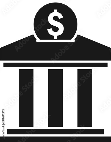 Bank, bank building icon, black bank icon with a coin at the top. Vector, designer illustration, web banner, vector.
