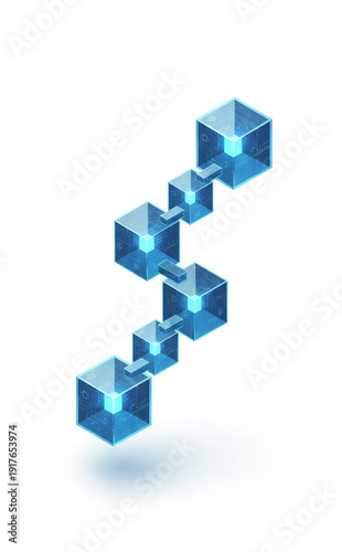 Abstract 3D blockchain network visualization with interconnected luminous blue cubes on white background