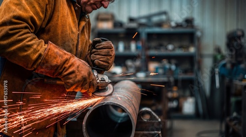 Professional welder grinding a steel pipe with an angle grinder producing bright sparks in a busy workshop. Specialist fabricator operating in an industrial metal fabrication shop with heavy