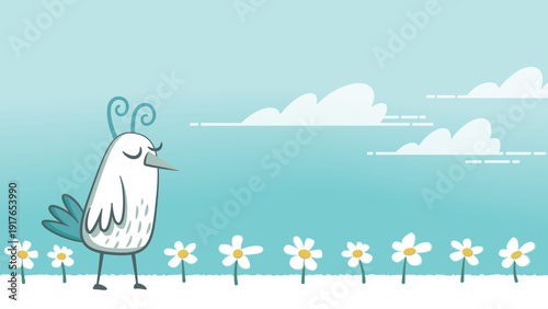 Little bird in a field of daisies in spring. Illustration of a spring landscape with a small white bird surrounded by daisies.