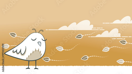 Little bird on an autumn day. Illustration of a small white bird on a windy autumn day.