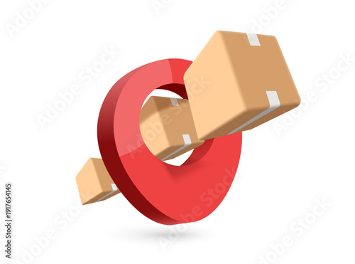 Parcel or cardboard box floats through the air, emerging from the red location pin, to be delivered to the customer at the marked location, vector 3d isolated for delivery, e commerce concept design