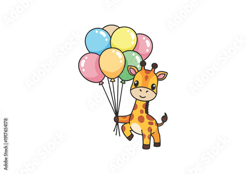 Cute giraffe holding colorful balloons in kawaii cartoon style. Perfect for kids design, birthday themes, nursery decor, stickers, invitations, educational materials, and mascot branding.