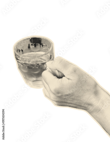 Human hand in dotted pop art style holding a glass of beer, beer mug isolated on transparent background. Collage design vector element for beer festival, Octoberfest or St. Patrick Day poster, banner
