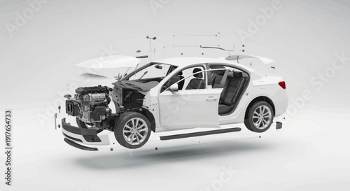 Automobile design exploded view of car components against a white background