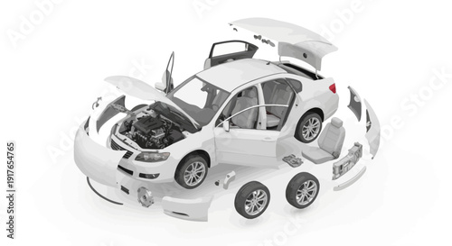 Automobile disassembled view isolated on white background for commercial use