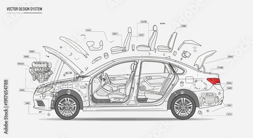 Automobile design system blueprint with detailed components on white background