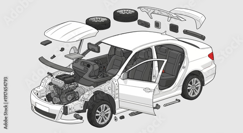 Automobile disassembled view showing parts and components for automotive design