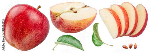 Fotografía Collection of red apple and apple slices isolated on white background