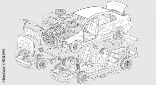 Automobile disassembly illustration detailing vehicle components and structure