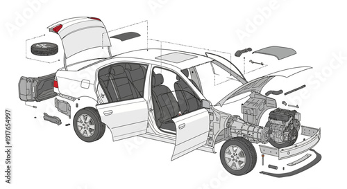 Automobile disassembly illustration showing components isolated on white
