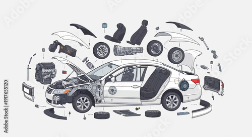 Automobile disassembly illustration white car with parts exploded view