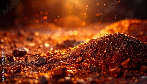 FlyPro_Firefly presents a professional close-up shot of granular, reddish-brown ore residue and iron filings, exhibiting a coarse texture under a warm, glowing light.