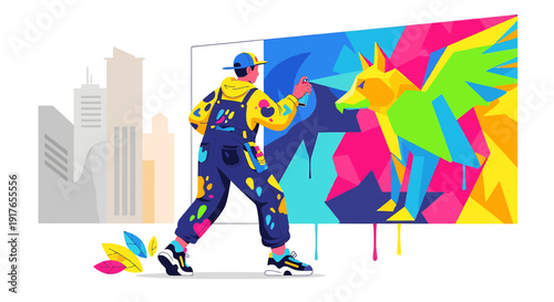 Artist paints vibrant abstract mural with geometric animal on building background