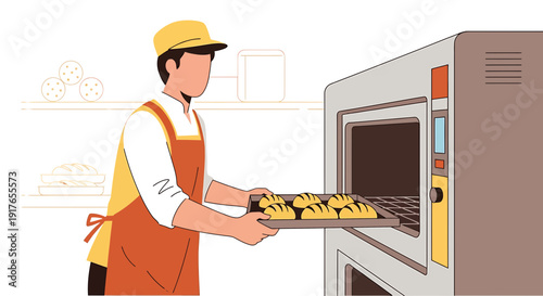 Baker placing tray of bread into oven, culinary preparation