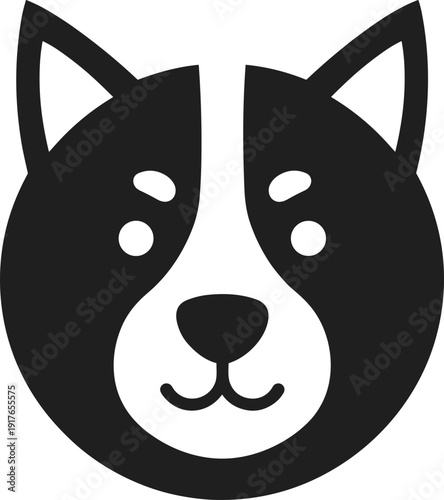 Stylized husky dog face vector illustration, minimalist black and white pet logo icon, clean symmetrical animal design for branding, mascot, identity, and modern artwork