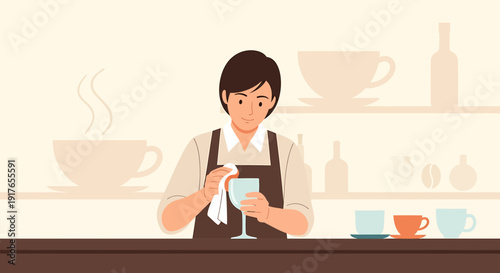 Barista Cleaning Wine Glass at Counter with Coffee Cups and Bottles Background