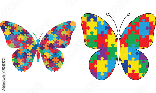 Autism Awareness Puzzle Butterfly Colorful Vector