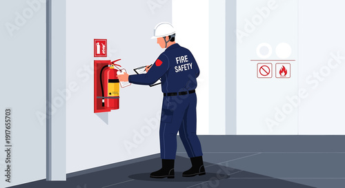 Fire Safety Officer Inspecting Extinguisher and Checklist in Modern Building