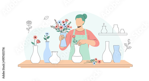 Florist Arranging Flowers in Vases, Creative Hobby