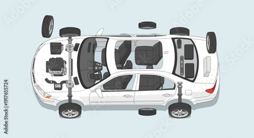 Automobile mechanical diagram top view isolated vector illustration