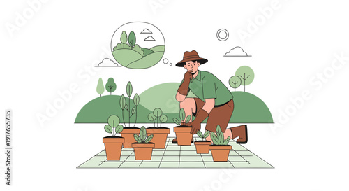 Gardener planting seedlings in pots, dreaming of lush landscape
