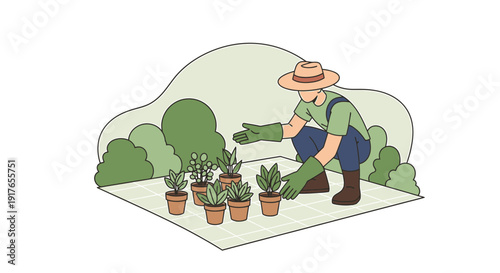 Gardener tending to potted plants in a garden setting
