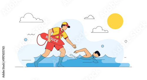 Lifeguard rescuing swimmer in water, safety and emergency help illustration