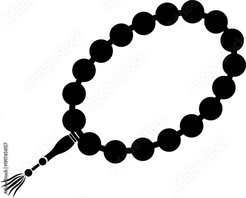 Tasbih prayer beads icon in black flat style. Islamic rosary vector illustration. Muslim dhikr misbaha symbol ramadan spiritual worship religious accessory design isolated on transparent background.