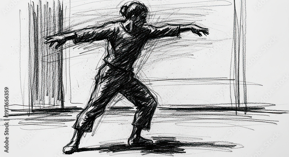 Fototapeta premium Dynamic charcoal gesture drawing of a person in a powerful wide stance with arms extended capturing fluid motion and athletic energy through expressive black strokes on a white paper texture
