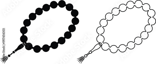 Tasbih prayer beads icons set in flat and line styles. Islamic rosary vectors. Muslim dhikr misbaha symbol ramadan spiritual worship religious accessory design isolated on transparent background.