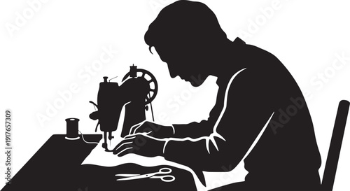 bold vector of a man sewing a cloth with a sewing machine