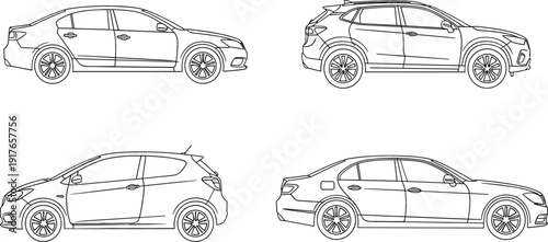 Modern car outline icons set with sedan hatchback side view automobile vector illustration
