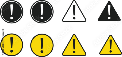 Warning sign icons set with exclamation mark caution symbols black and yellow vector illustration